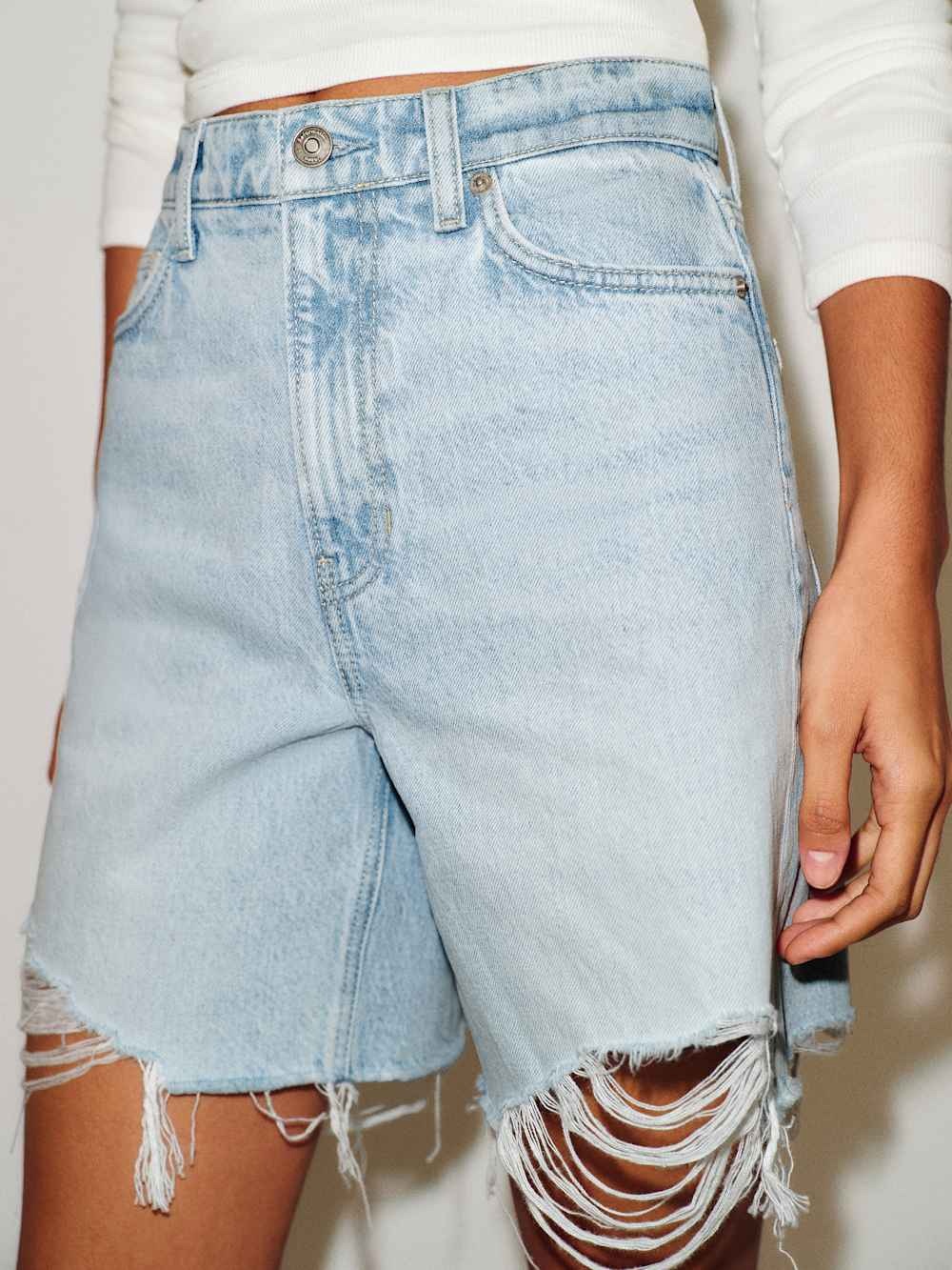 Reformation Light Blue Distressed High-Rise Denim Shorts